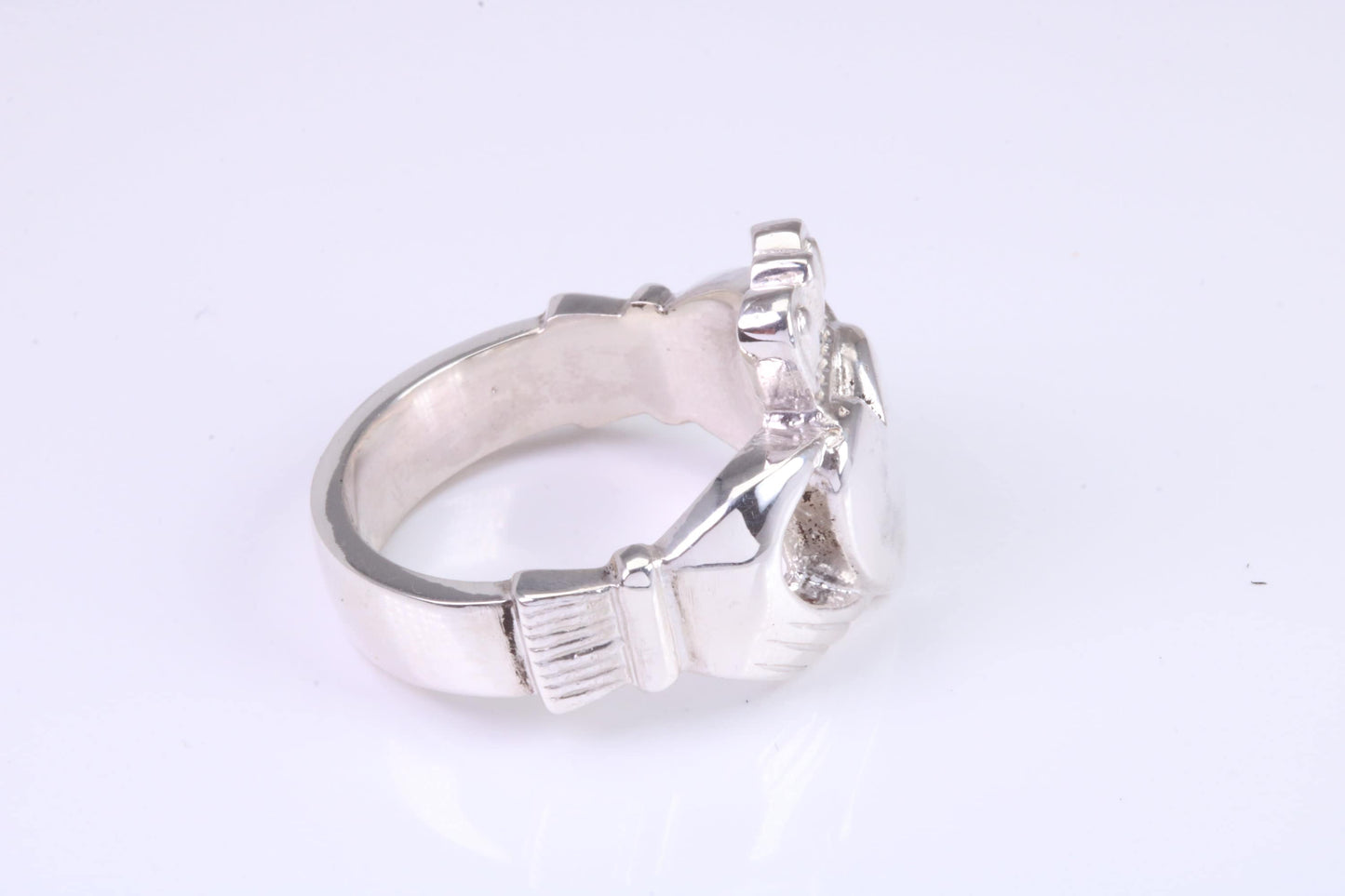 Large and heavy Claddagh ring, made from solid cast silver, British hallmarked