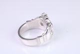 Large and heavy Sapphire Blue C Z set Claddagh ring, made from solid cast silver, British hallmarked