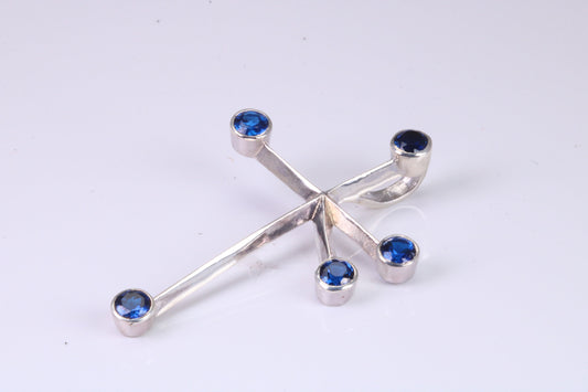 44 mm Long, Sapphire Blue C Z set Sterling Silver Cross, Made From Solid Cast Silver