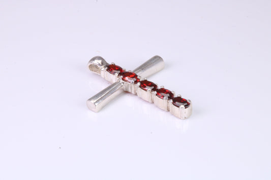 33 mm Long, Garnet Red C Z set Sterling Silver Cross, Made From Solid Cast Silver