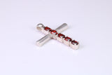 33 mm Long, Garnet Red C Z set Sterling Silver Cross, Made From Solid Cast Silver