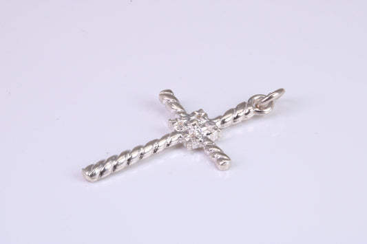 32 mm Long, Twisted Rope Effect Silver Cross, Made From Solid Cast Silver