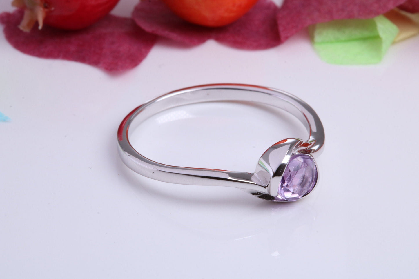 Natural Round cut Amethyst set Sterling Silver Ring, Very Smooth Setting, February Birthstone