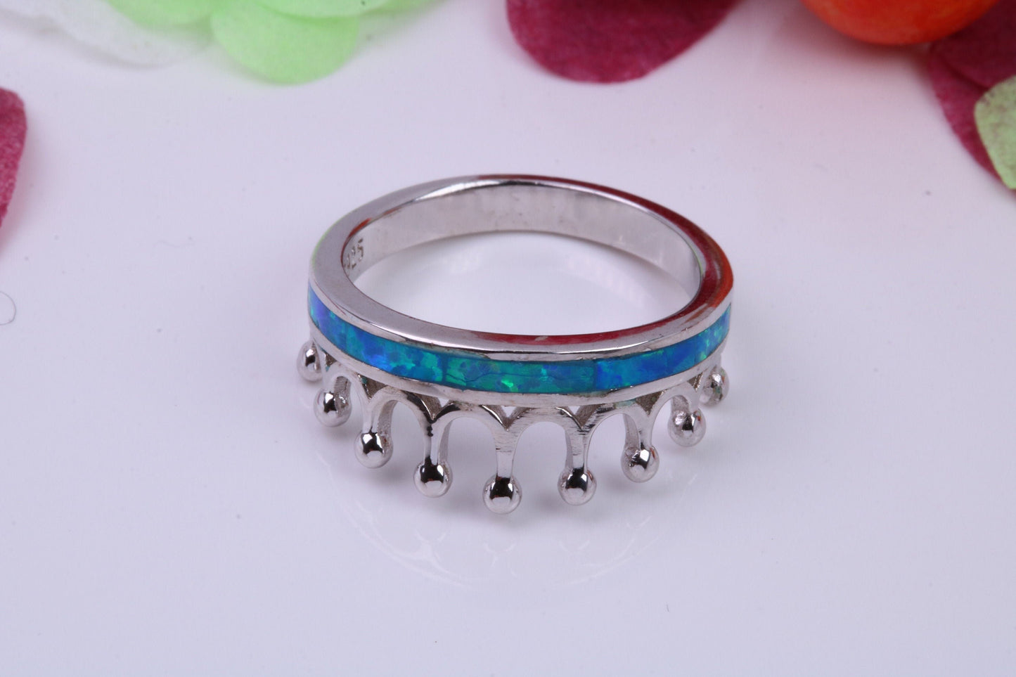 Crown Ring set with Blue Opal, Made From Solid Sterling Silver