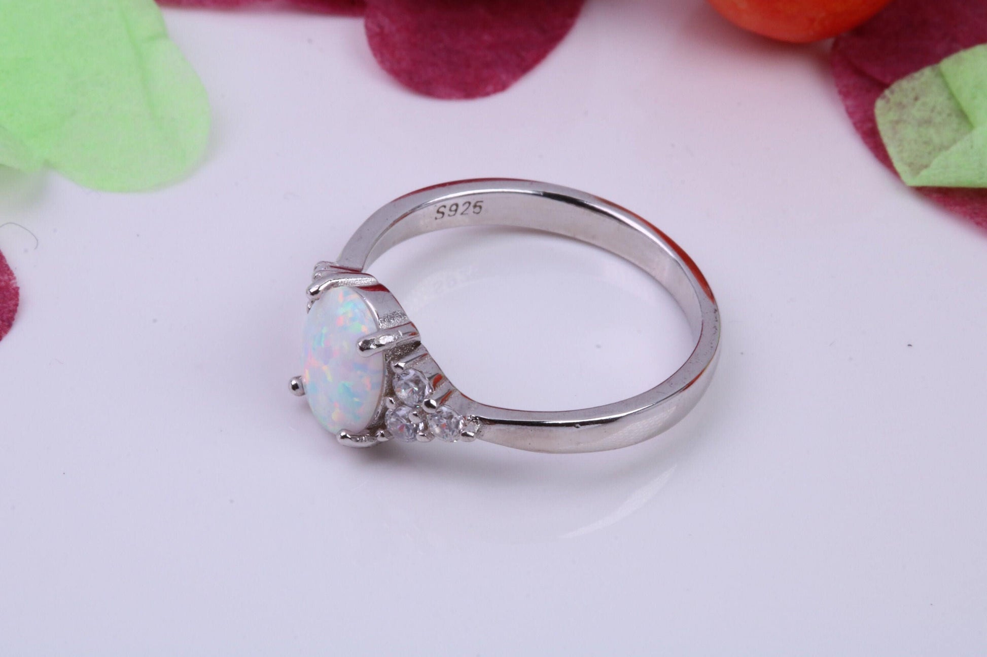 White Opal and Cubic Zirconia set Ring, Made From Solid Sterling Silver