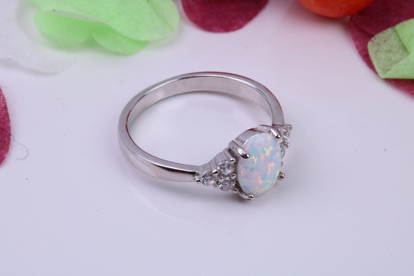 White Opal and Cubic Zirconia set Ring, Made From Solid Sterling Silver