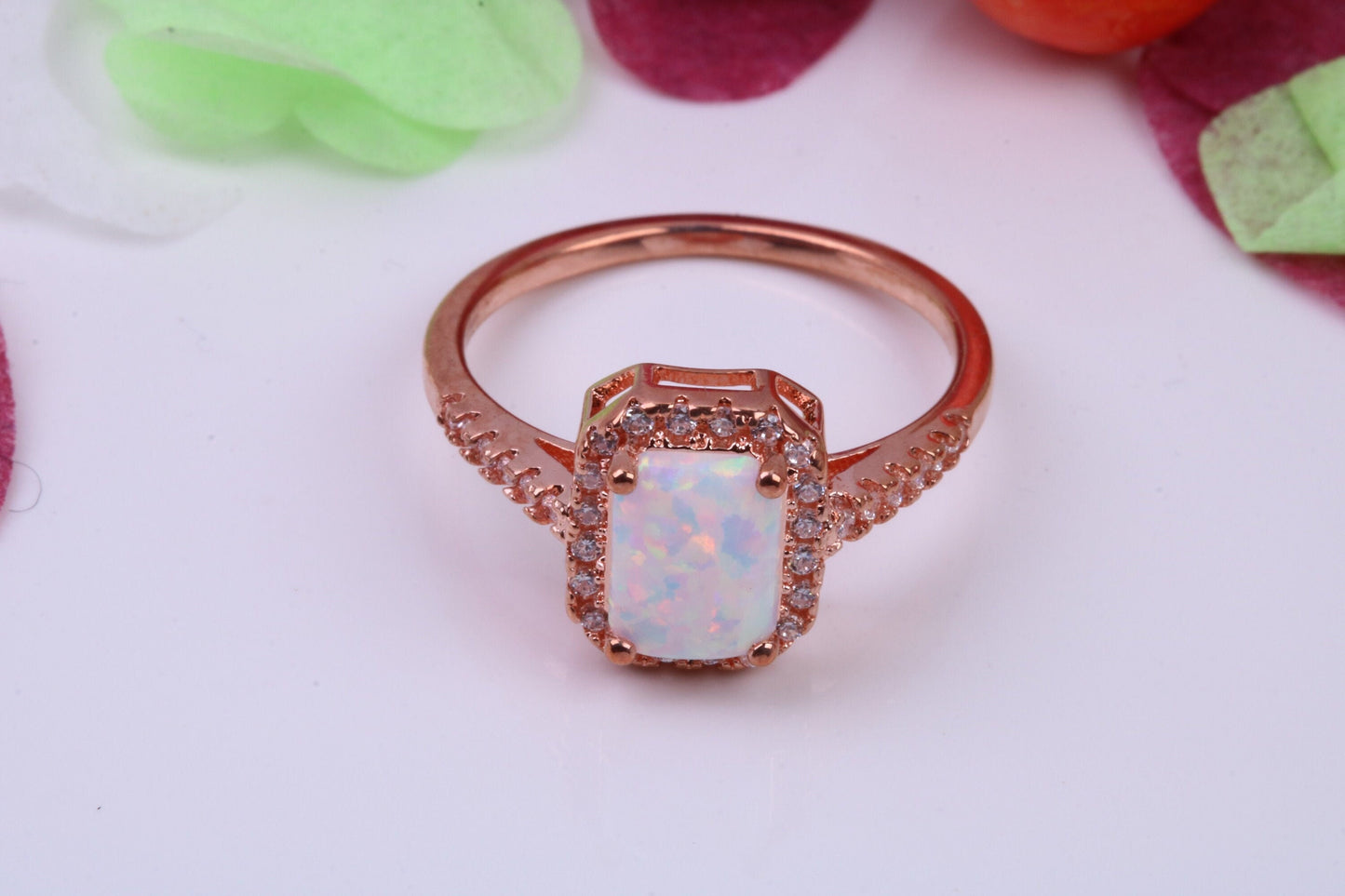 White Opal and Cubic Zirconia set Ring, Made From Solid Sterling Silver, 18ct Rose Gold Plated