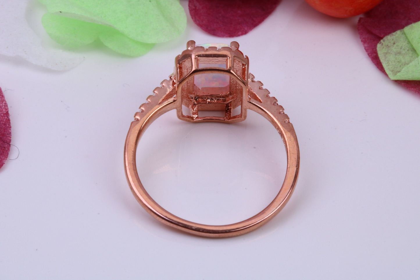 White Opal and Cubic Zirconia set Ring, Made From Solid Sterling Silver, 18ct Rose Gold Plated