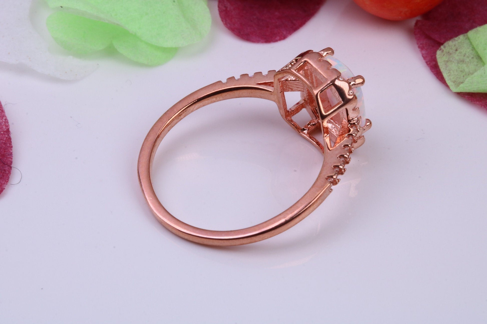 White Opal and Cubic Zirconia set Ring, Made From Solid Sterling Silver, 18ct Rose Gold Plated