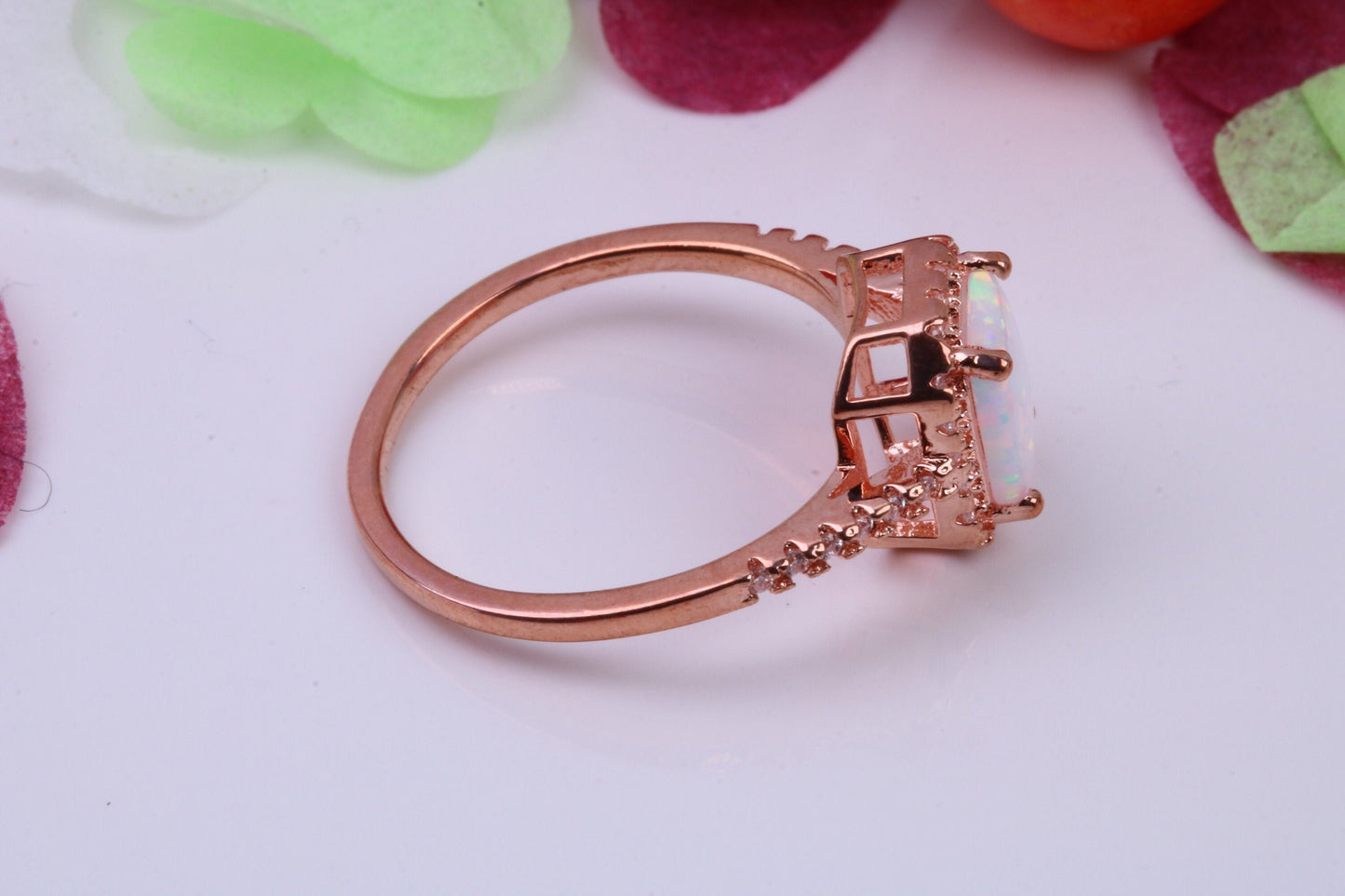 White Opal and Cubic Zirconia set Ring, Made From Solid Sterling Silver, 18ct Rose Gold Plated