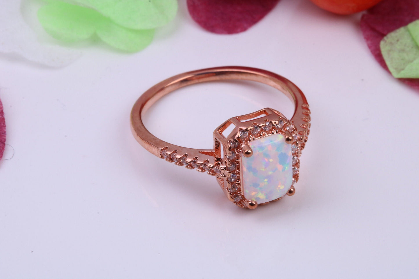 White Opal and Cubic Zirconia set Ring, Made From Solid Sterling Silver, 18ct Rose Gold Plated