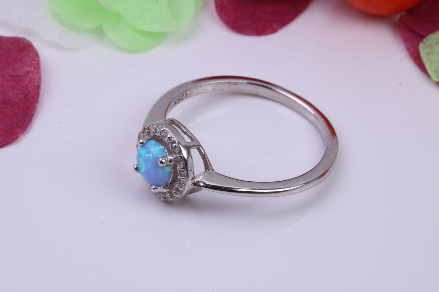 Blue Opal and Cubic Zirconia set Cluster Ring, Made From Solid Sterling Silver