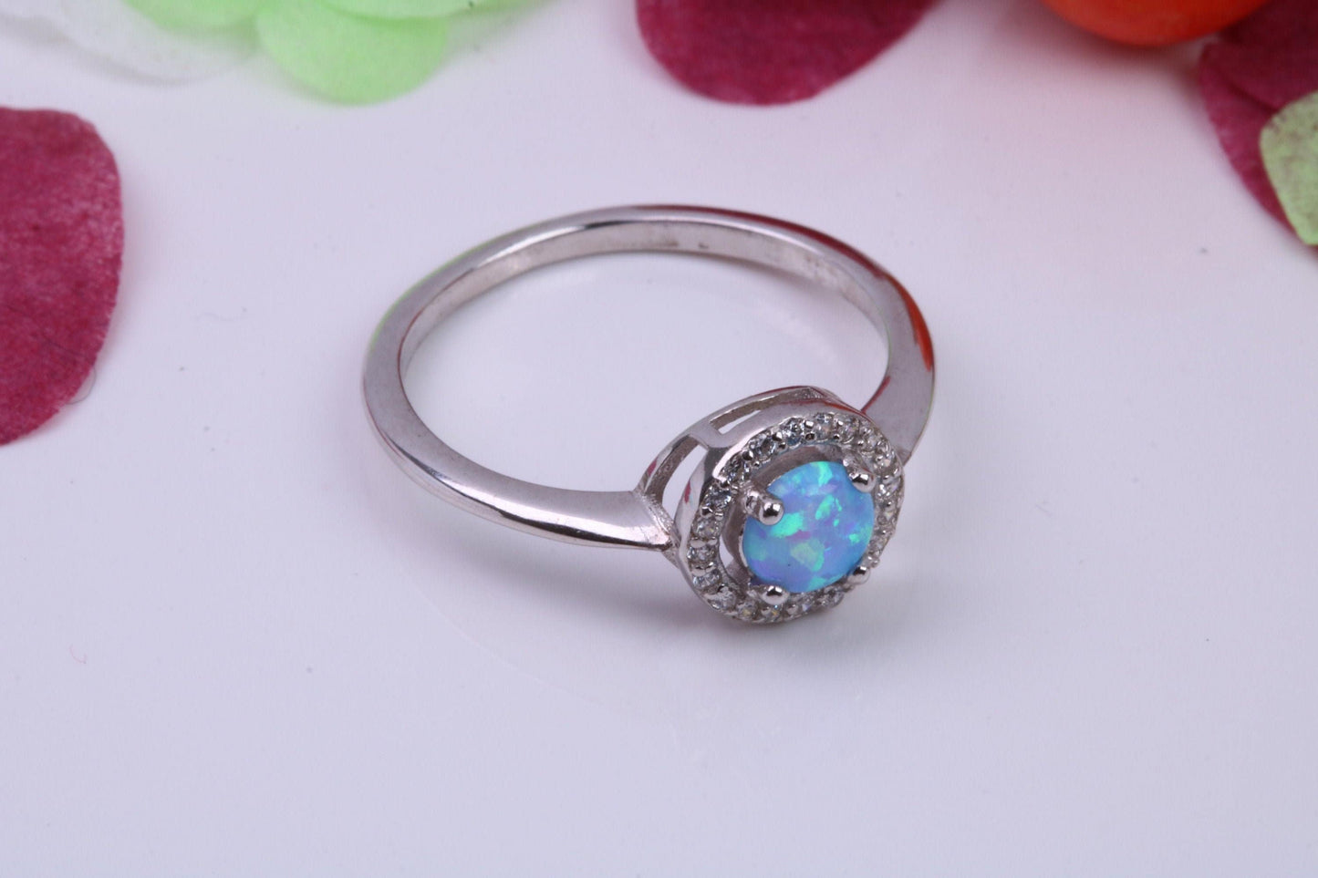 Blue Opal and Cubic Zirconia set Cluster Ring, Made From Solid Sterling Silver