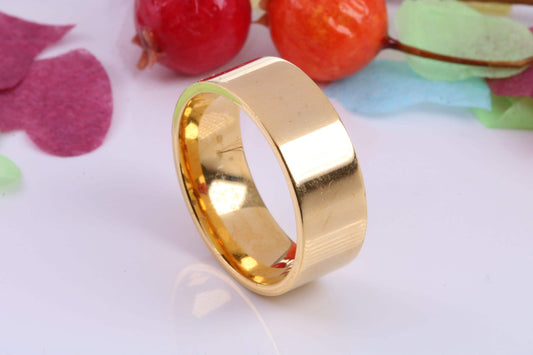 8 mm wide Simple Band, Flat Profile, Made from Solid Silver and Further 18ct Yellow Gold Plated