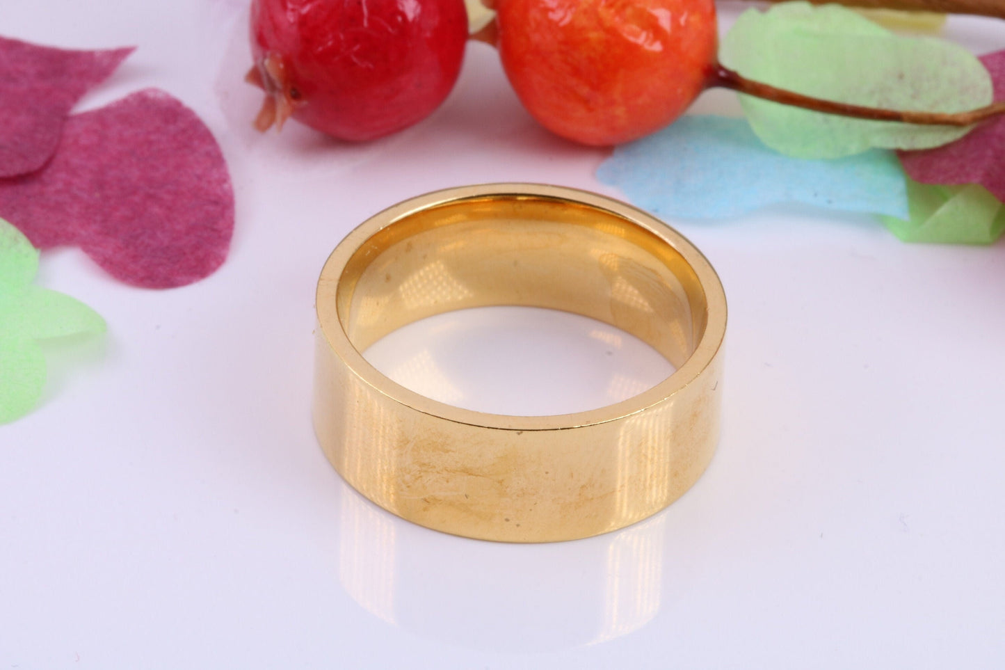 8 mm wide Simple Band, Flat Profile, Made from Solid Silver and Further 18ct Yellow Gold Plated