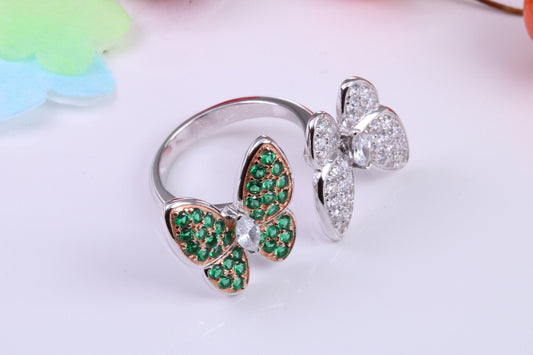 Double Butterfly Cubic Zirconia set Ring, Made from solid Silver