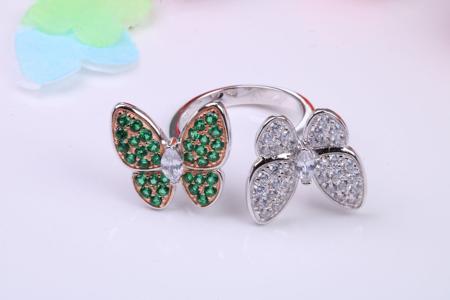 Double Butterfly Cubic Zirconia set Ring, Made from solid Silver