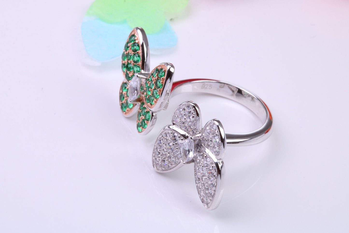 Double Butterfly Cubic Zirconia set Ring, Made from solid Silver