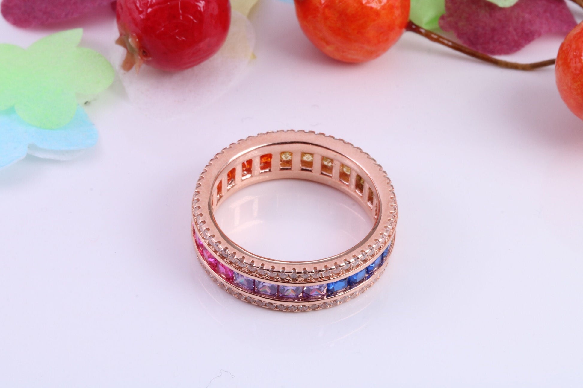 Very Dressy 7 mm wide Rainbow Cubic Zirconia set Ring, Made from solid Silver, 18ct Rose Gold Plated