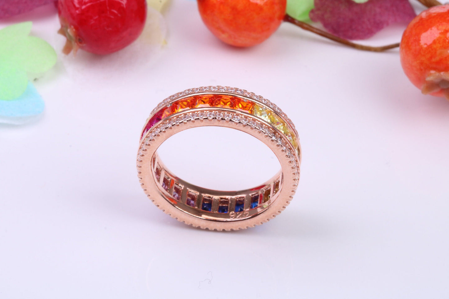 Very Dressy 7 mm wide Rainbow Cubic Zirconia set Ring, Made from solid Silver, 18ct Rose Gold Plated
