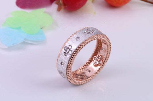 7 mm Wide Very Dressy Cubic Zirconia set Ring, Made from Solid Silver, 18ct Rose Gold Plated