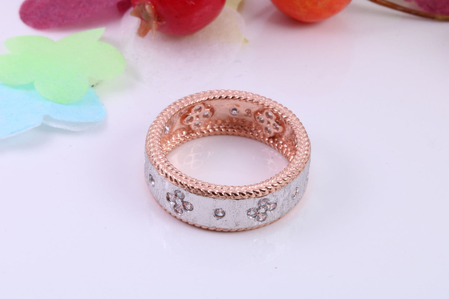 7 mm Wide Very Dressy Cubic Zirconia set Ring, Made from Solid Silver, 18ct Rose Gold Plated