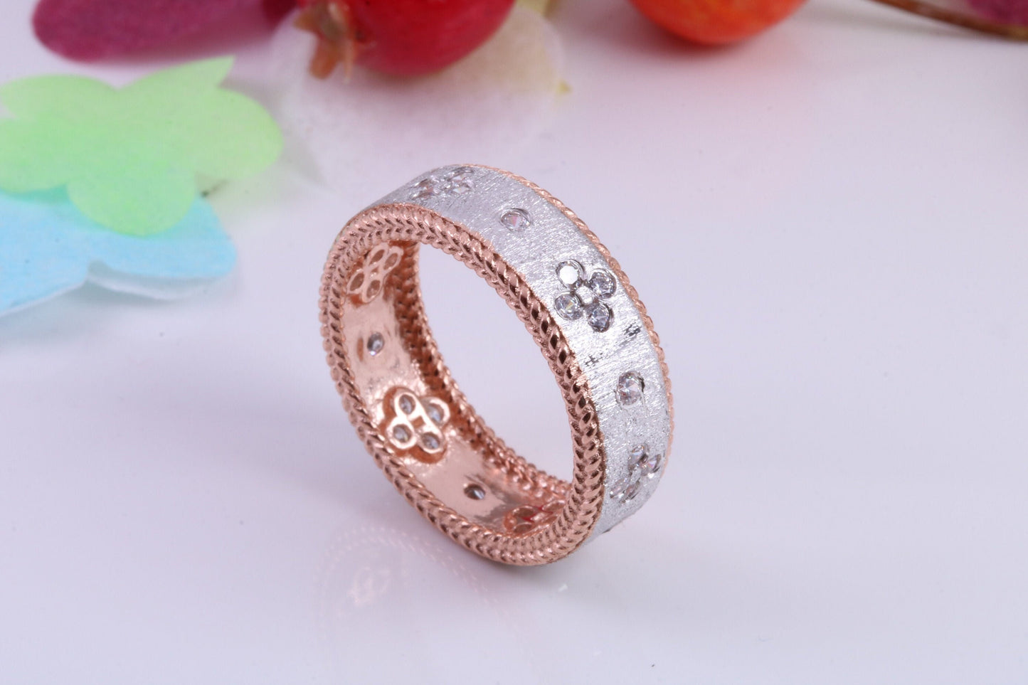 7 mm Wide Very Dressy Cubic Zirconia set Ring, Made from Solid Silver, 18ct Rose Gold Plated