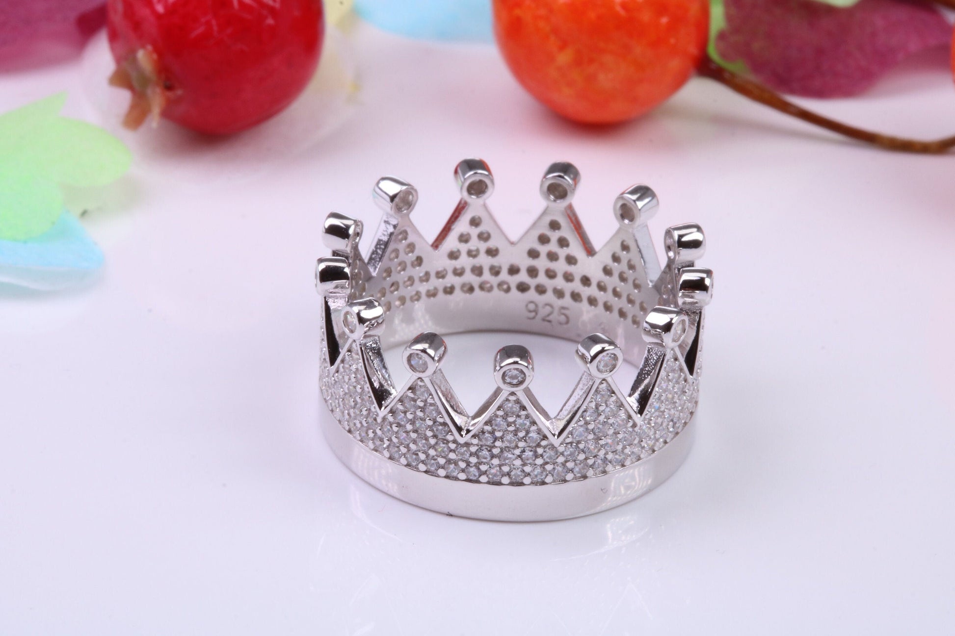 Crown Ring, Very Dressy 11 mm wide Cubic Zirconia set Ring, Made from solid Silver