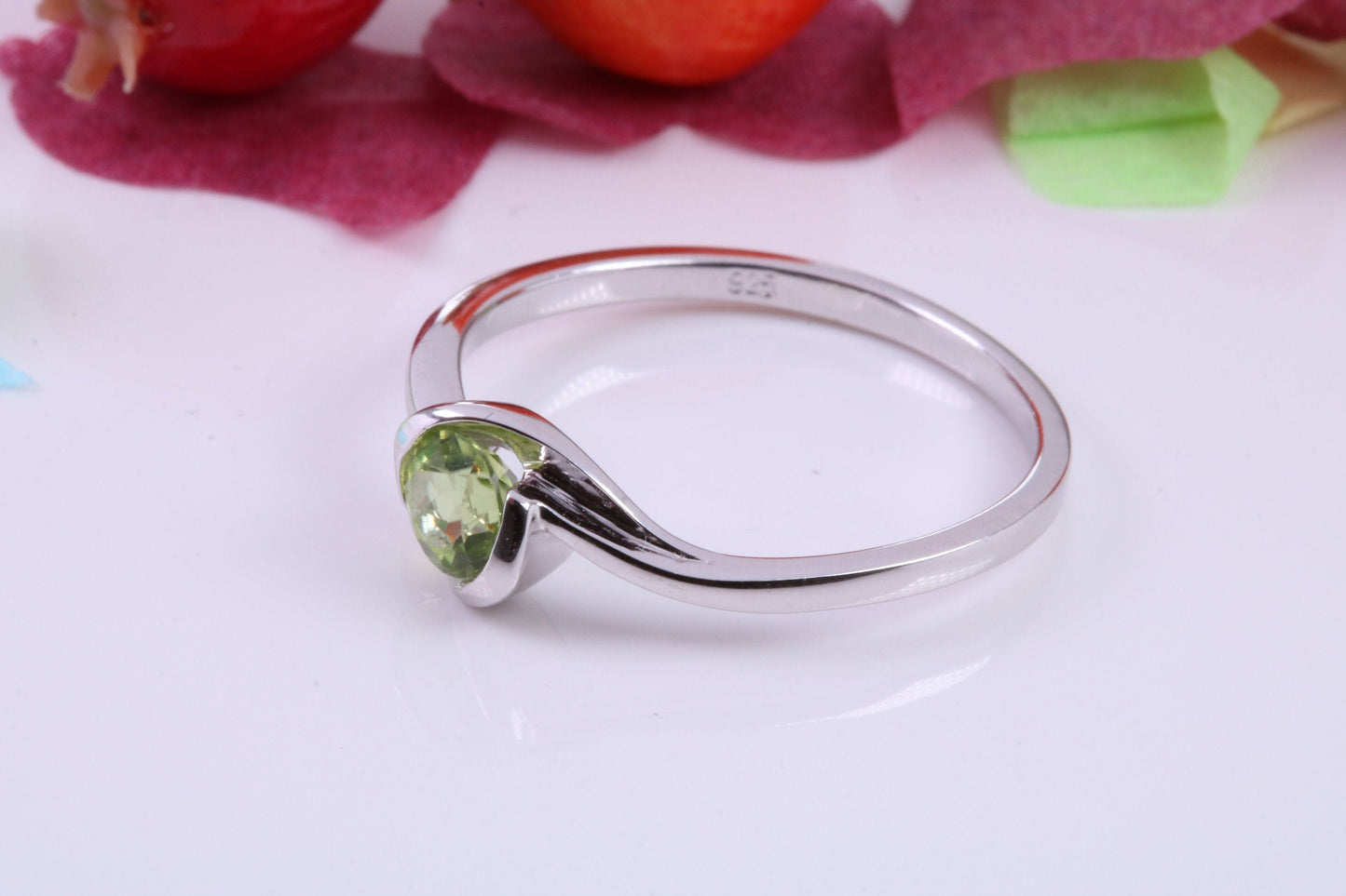 Natural Round cut Peridot set Sterling Silver Ring, Very Smooth Setting, August Birthstone