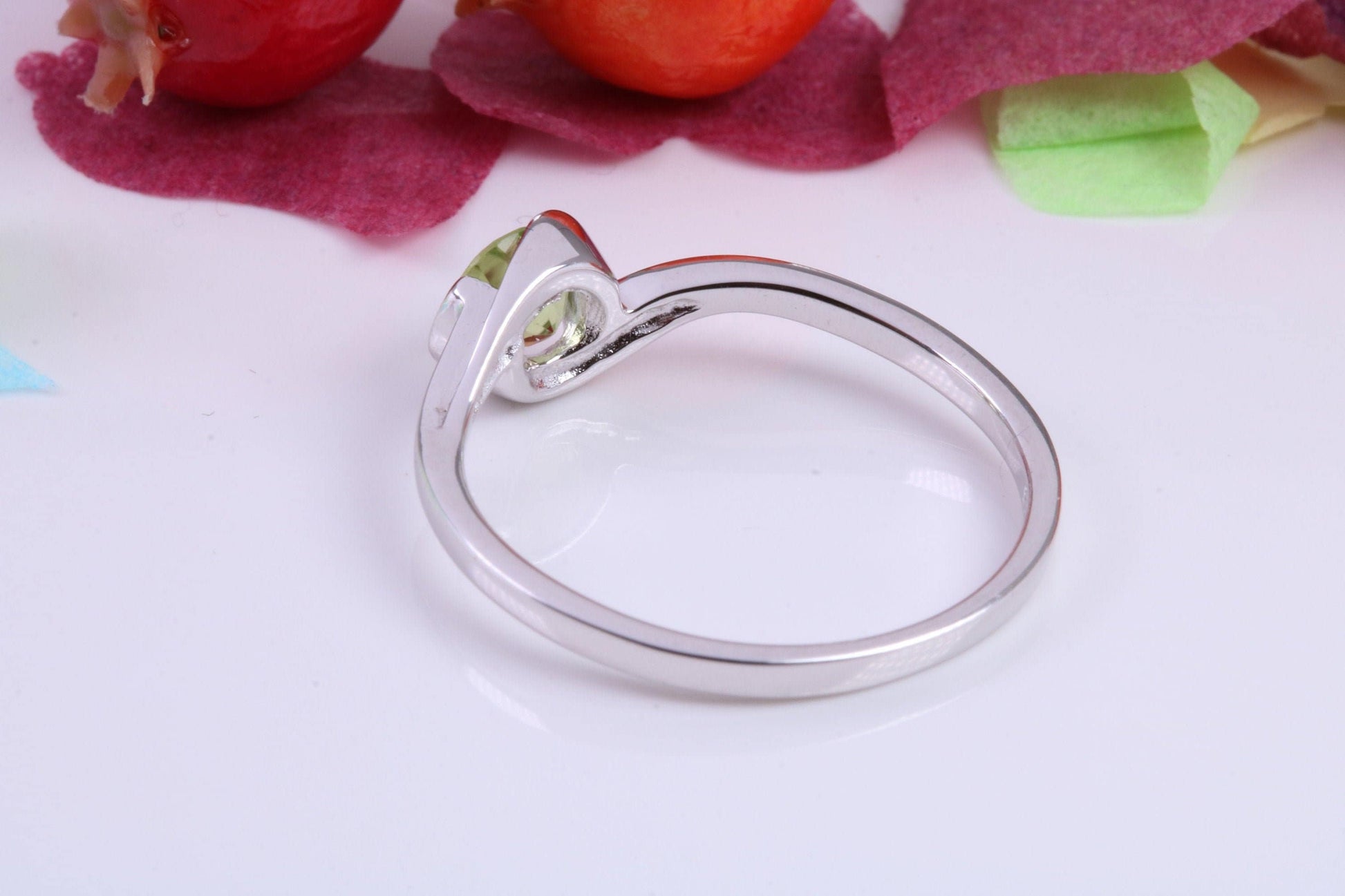 Natural Round cut Peridot set Sterling Silver Ring, Very Smooth Setting, August Birthstone