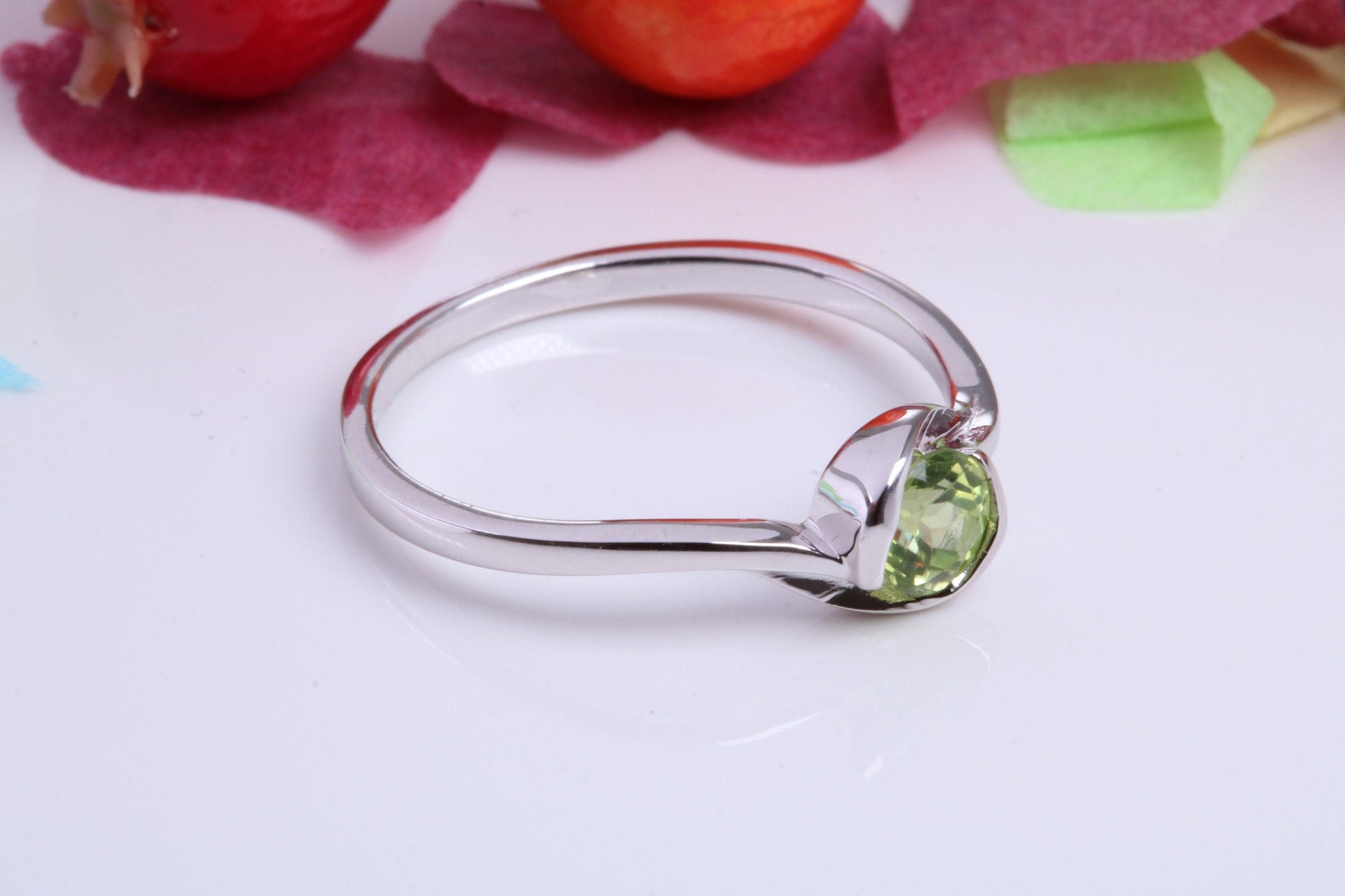 Natural Round cut Peridot set Sterling Silver Ring, Very Smooth Setting, August Birthstone