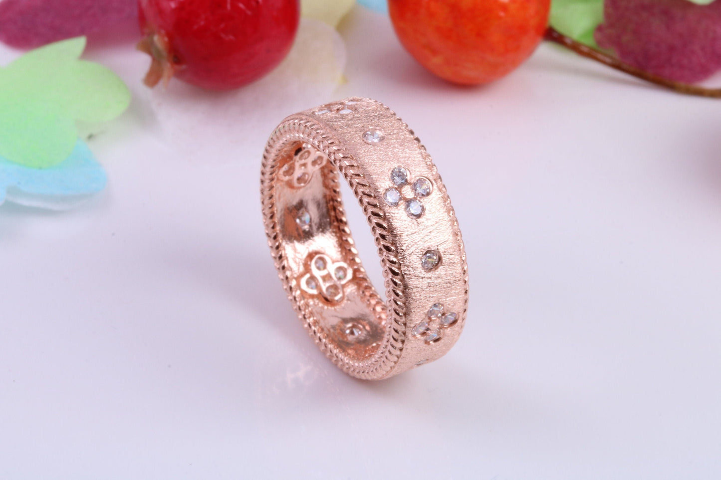 7 mm Wide Very Dressy Cubic Zirconia set Ring, Made from Solid Silver, 18ct Rose Gold Plated