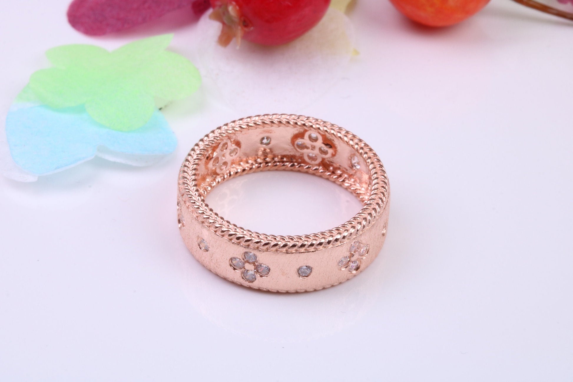 7 mm Wide Very Dressy Cubic Zirconia set Ring, Made from Solid Silver, 18ct Rose Gold Plated