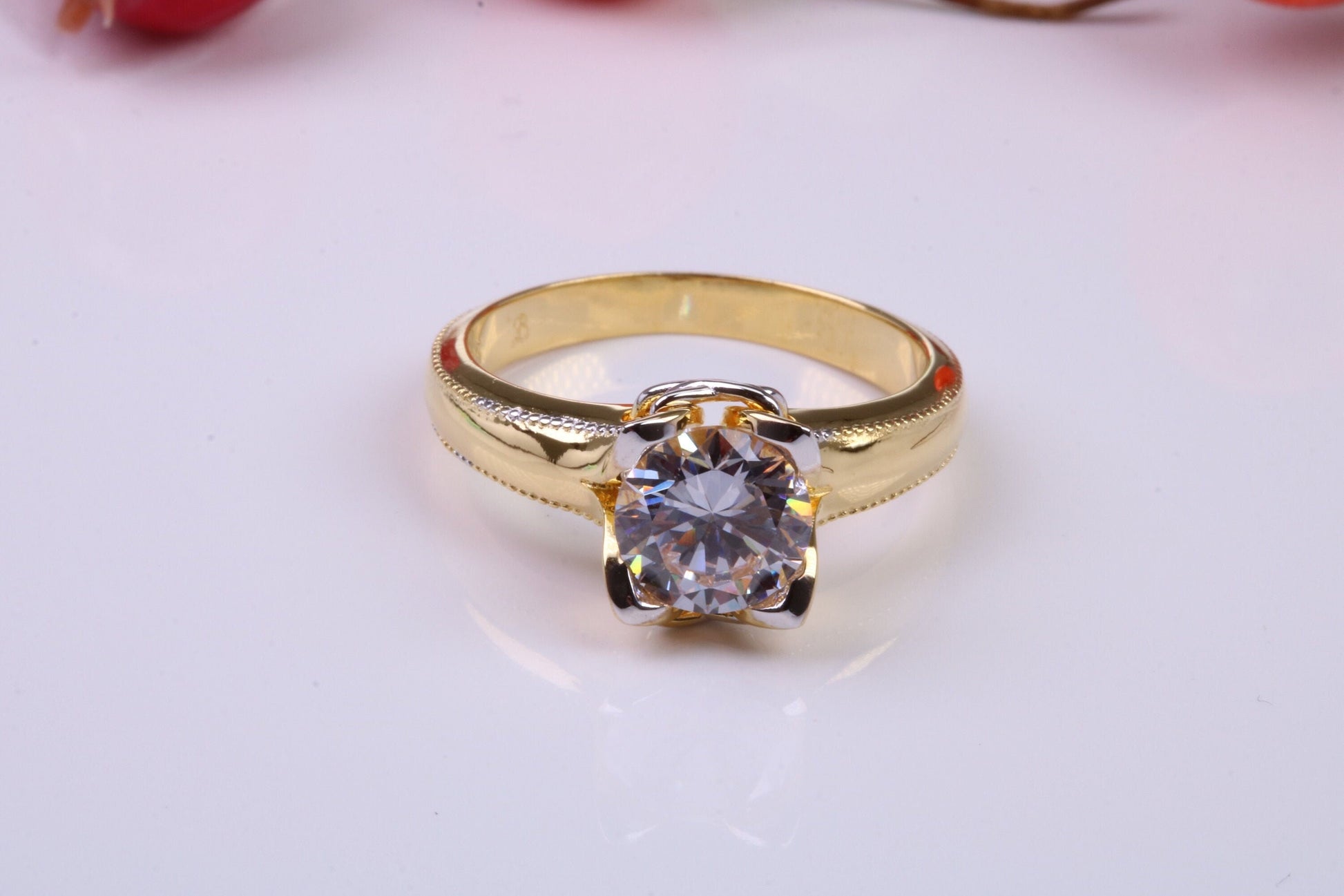 Very Dressy and Chunky Cubic Zirconia set Ring, Made from solid Silver, 18ct Yellow Gold Plated