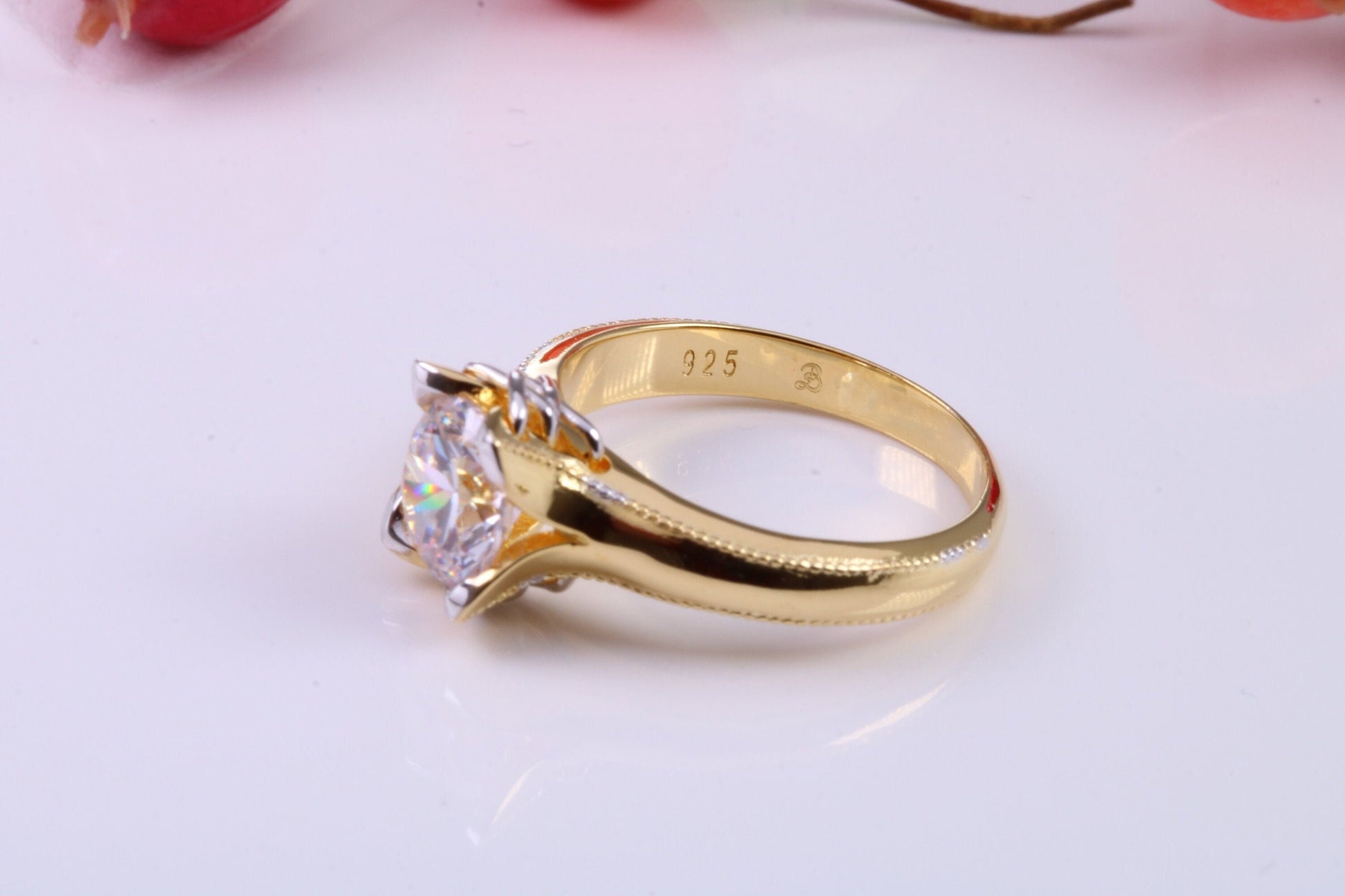 Very Dressy and Chunky Cubic Zirconia set Ring, Made from solid Silver, 18ct Yellow Gold Plated