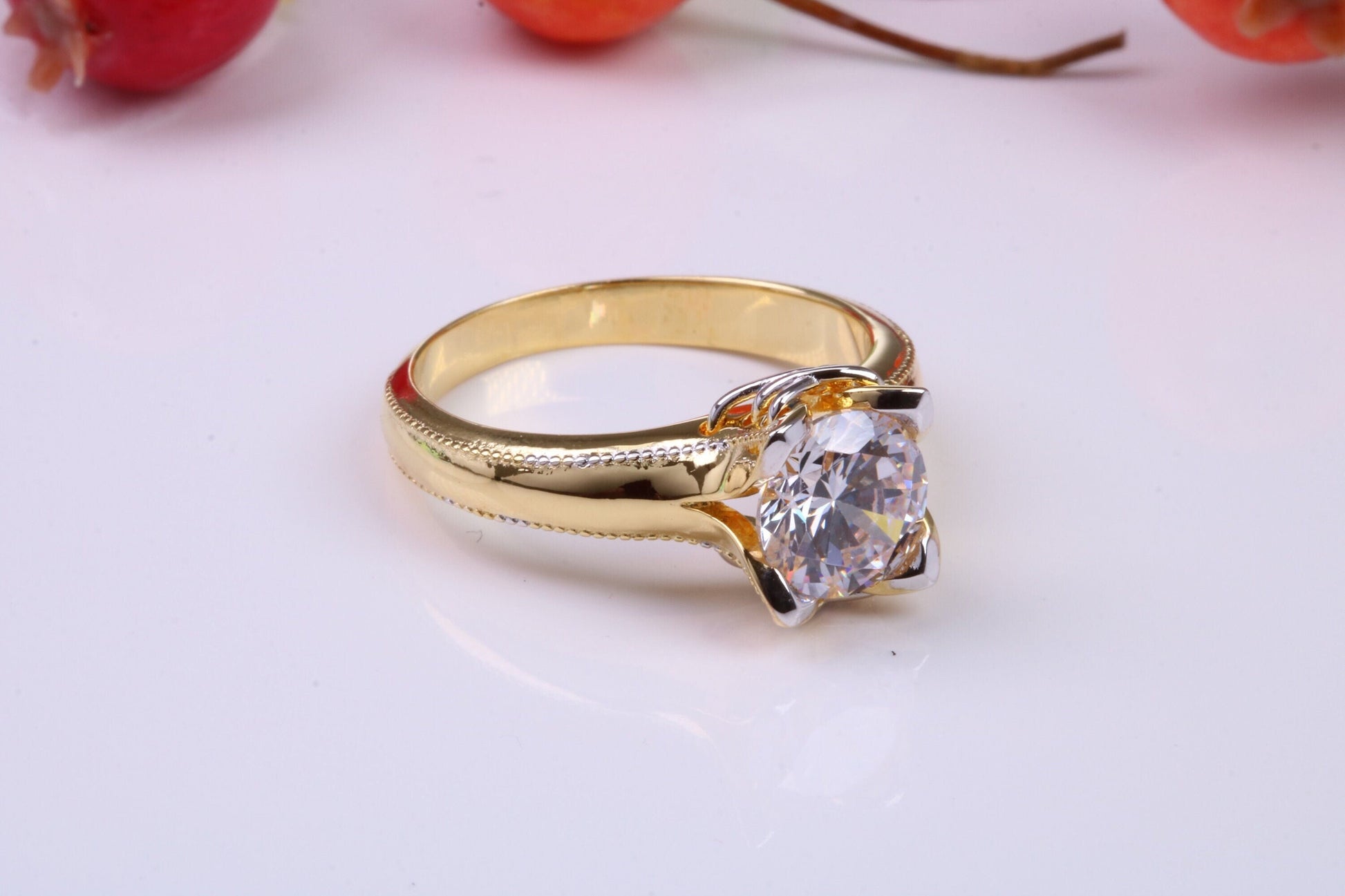 Very Dressy and Chunky Cubic Zirconia set Ring, Made from solid Silver, 18ct Yellow Gold Plated