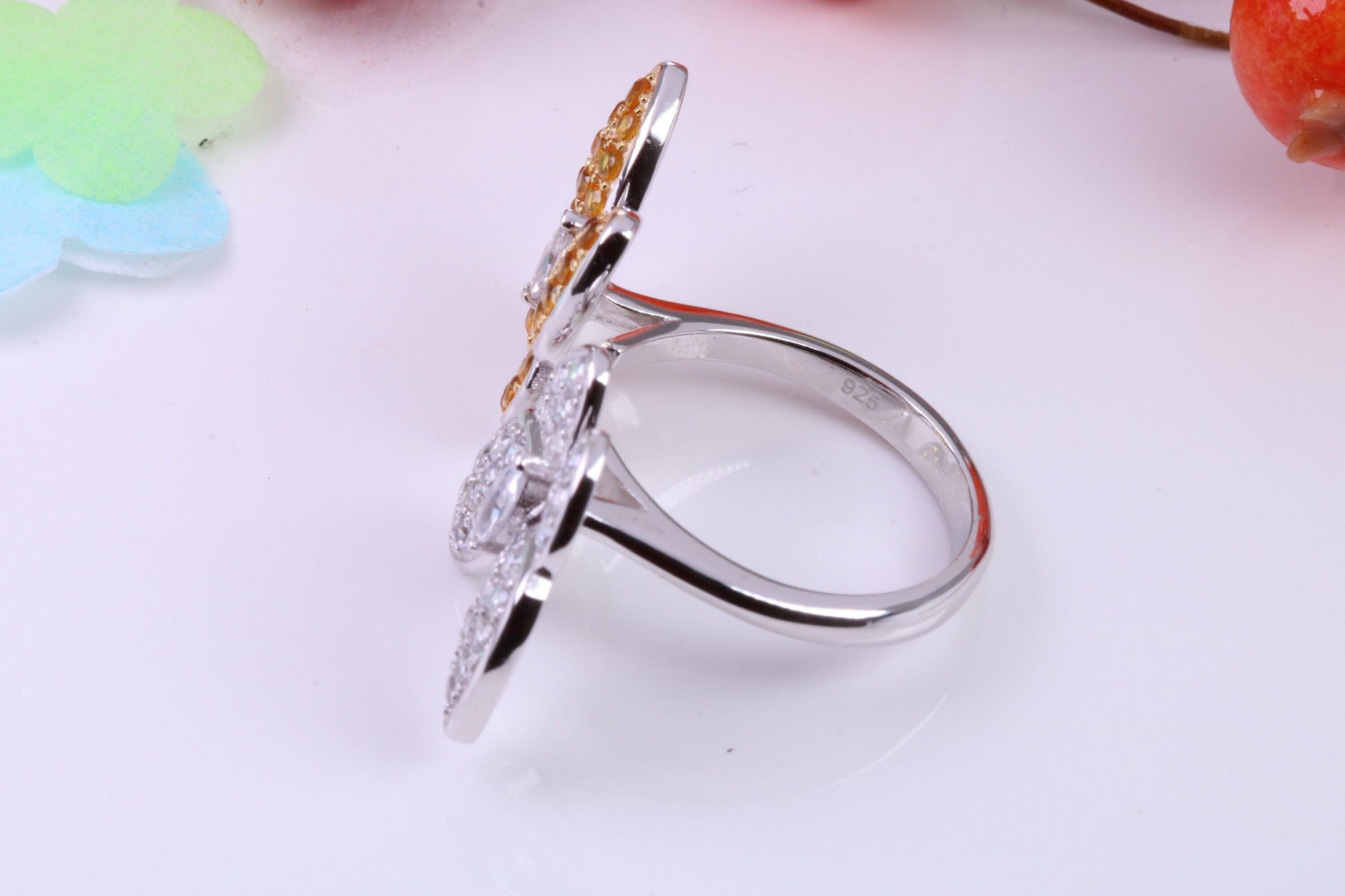 Double Butterfly Cubic Zirconia set Ring, Made from solid Silver
