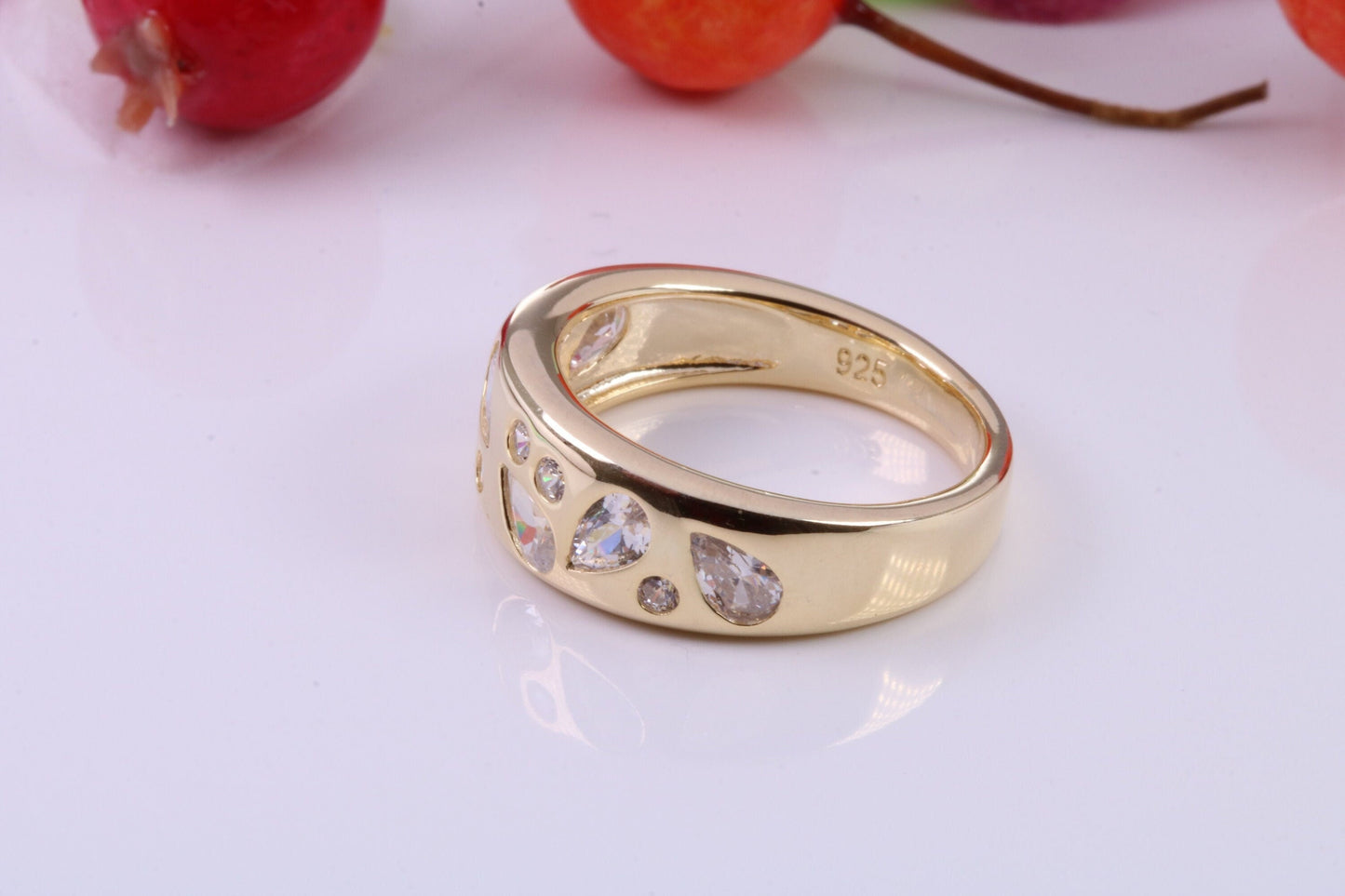 Very Dressy and Chunky Cubic Zirconia set Statement Ring, Made from solid Silver, 18ct Yellow Gold Plated