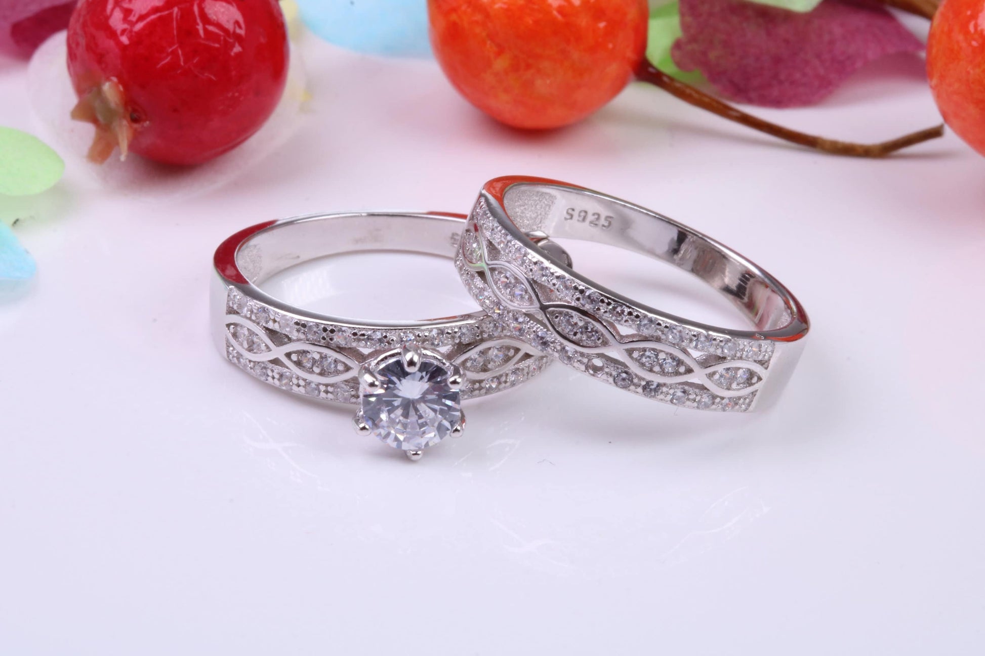 Matching Engagement and Wedding Ring, Cubic Zirconia set Rings, Made from solid Silver