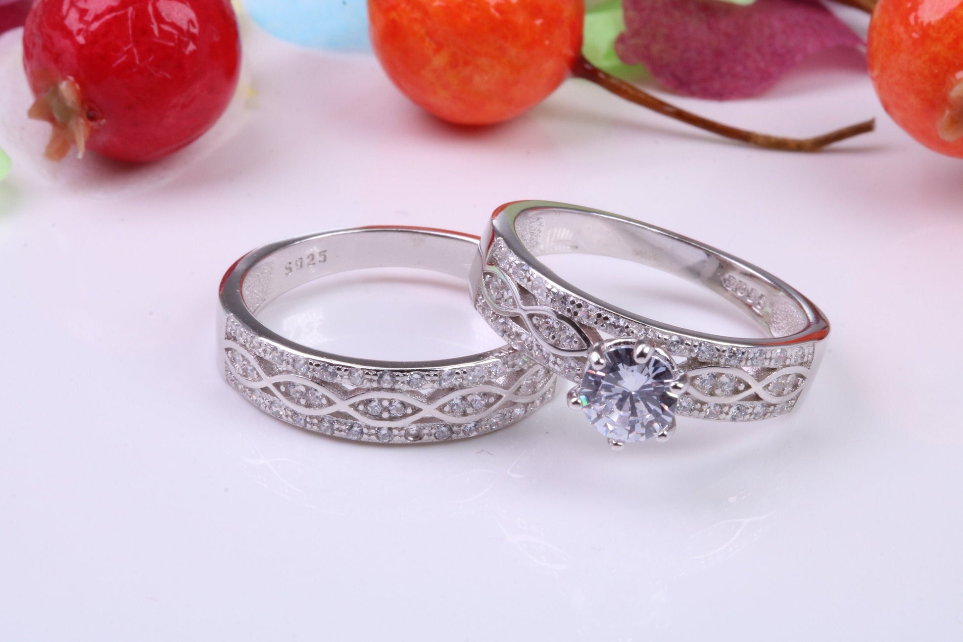 Matching Engagement and Wedding Ring, Cubic Zirconia set Rings, Made from solid Silver