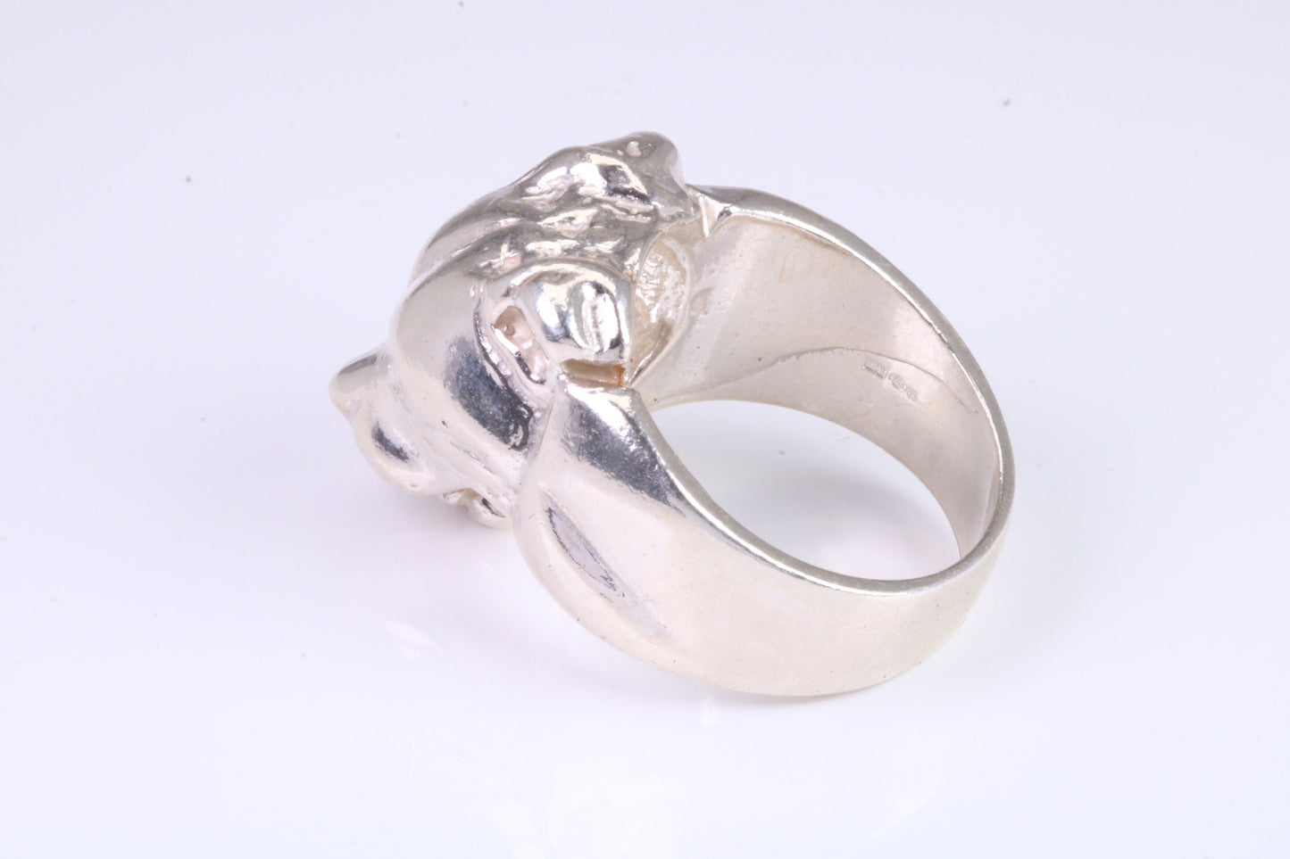 Very large and heavy Dog head ring, made from solid cast silver, British Hallmarked