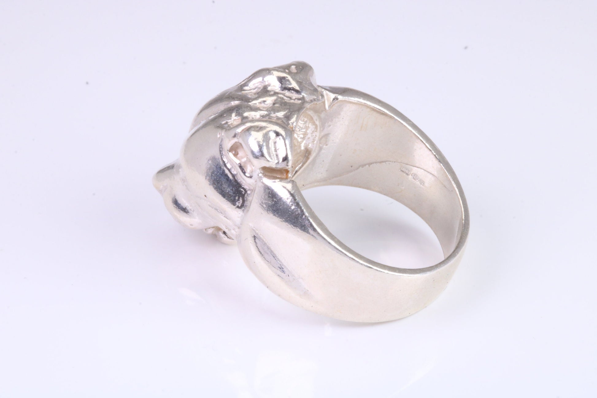 Very large and heavy Dog head ring, made from solid cast silver, British Hallmarked