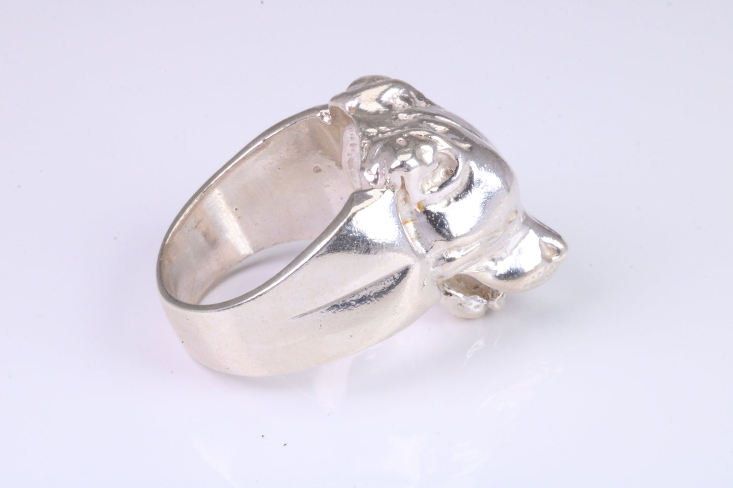 Very large and heavy Dog head ring, made from solid cast silver, British Hallmarked