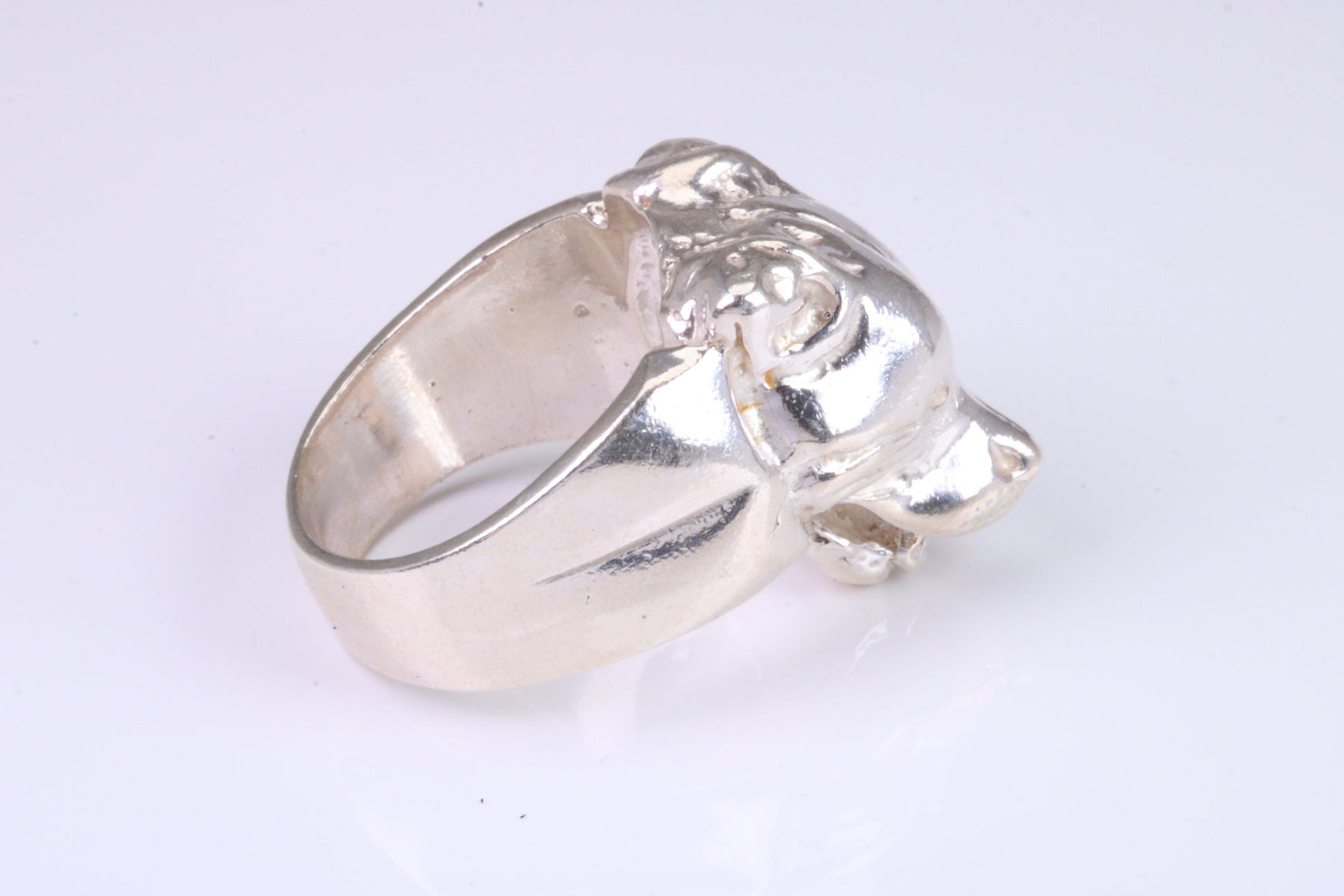 Very large and heavy Dog head ring, made from solid cast silver, British Hallmarked