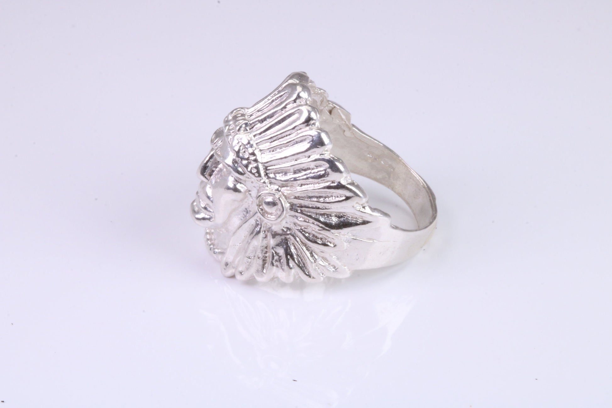 Large and heavy American Indian head ring, made from solid cast silver, British Hallmarked