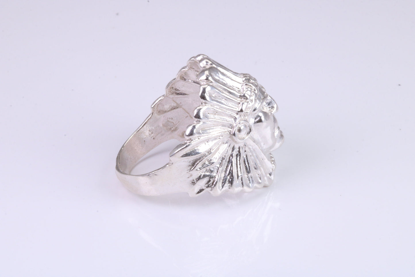 Large and heavy American Indian head ring, made from solid cast silver, British Hallmarked