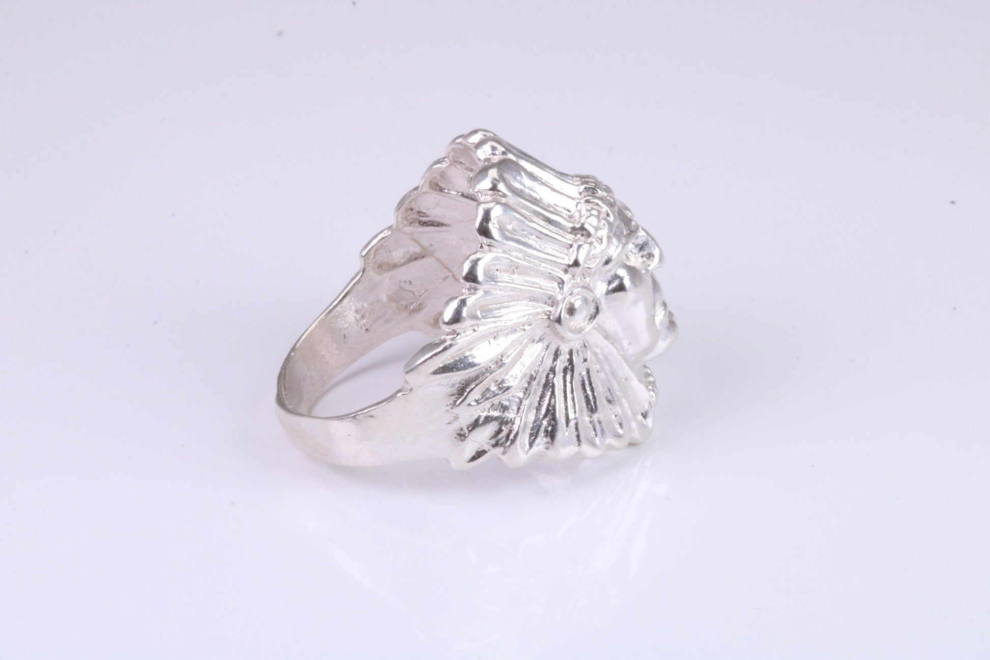 Large and heavy American Indian head ring, made from solid cast silver, British Hallmarked