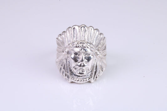 Large and heavy American Indian head ring, made from solid cast silver, British Hallmarked