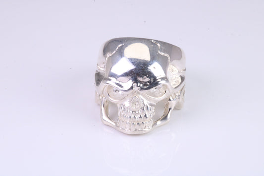 Large and heavy Skull ring,solid sterling silver, perfect for ladies and gents. Available in silver, yellow gold, white gold and platinum