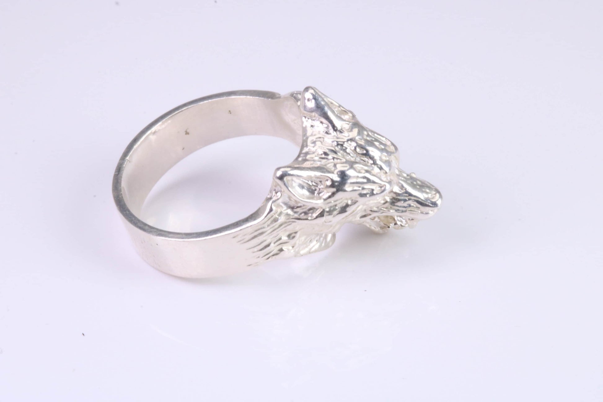Large and heavy Wolf Head ring, made from solid cast silver, British Hallmarked